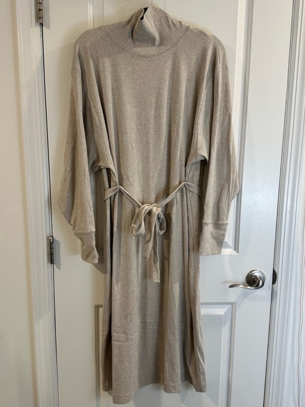 Prologue Turtleneck Ribbed Long Sleeve Midi Dress with Waist Tie Heathered Cream